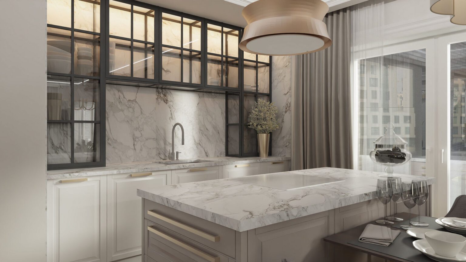 Apartament luksusowy_kuchnia z witrynami i wyspą