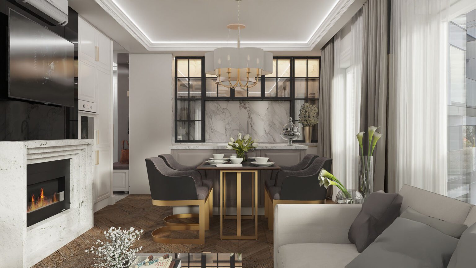 Apartament luksusowy_widok na kominek i TV