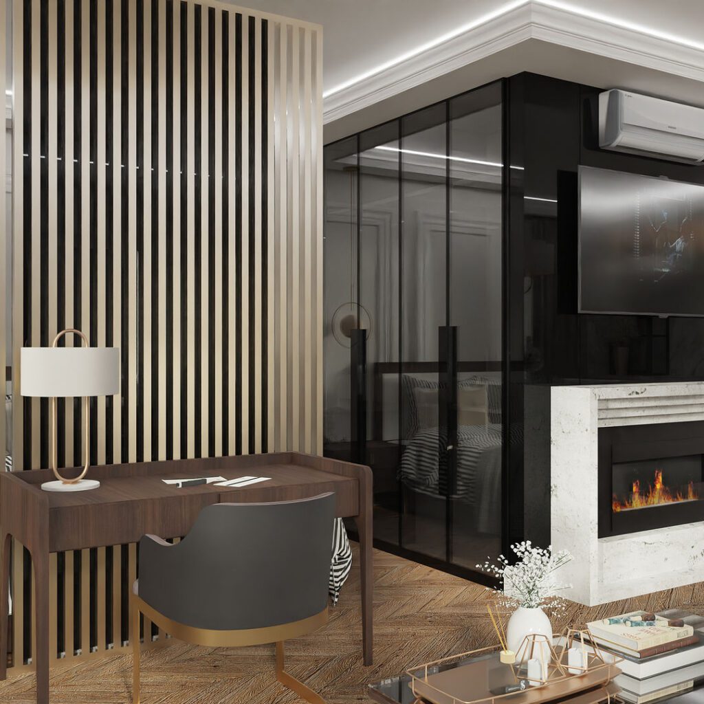 Apartament luksusowy_widok na oddzieloną sypialnię i kominek