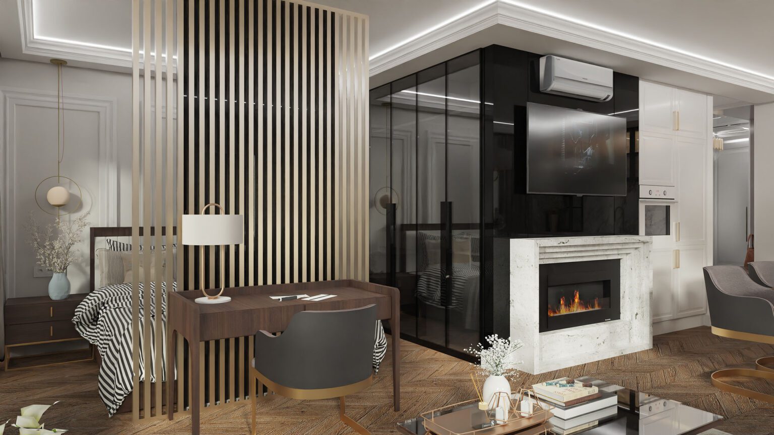 Apartament luksusowy_widok na oddzieloną sypialnię i kominek