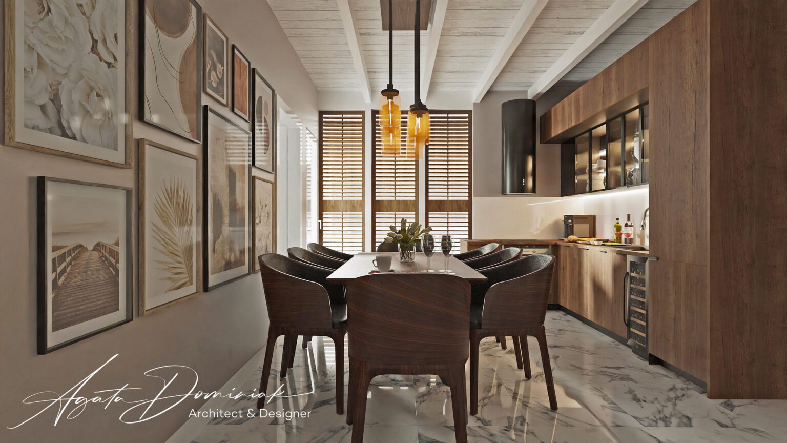 Mieszkanie wakacyjne_kuchnia z jadalnią_stół drewniany i piękne drewniane krzsła