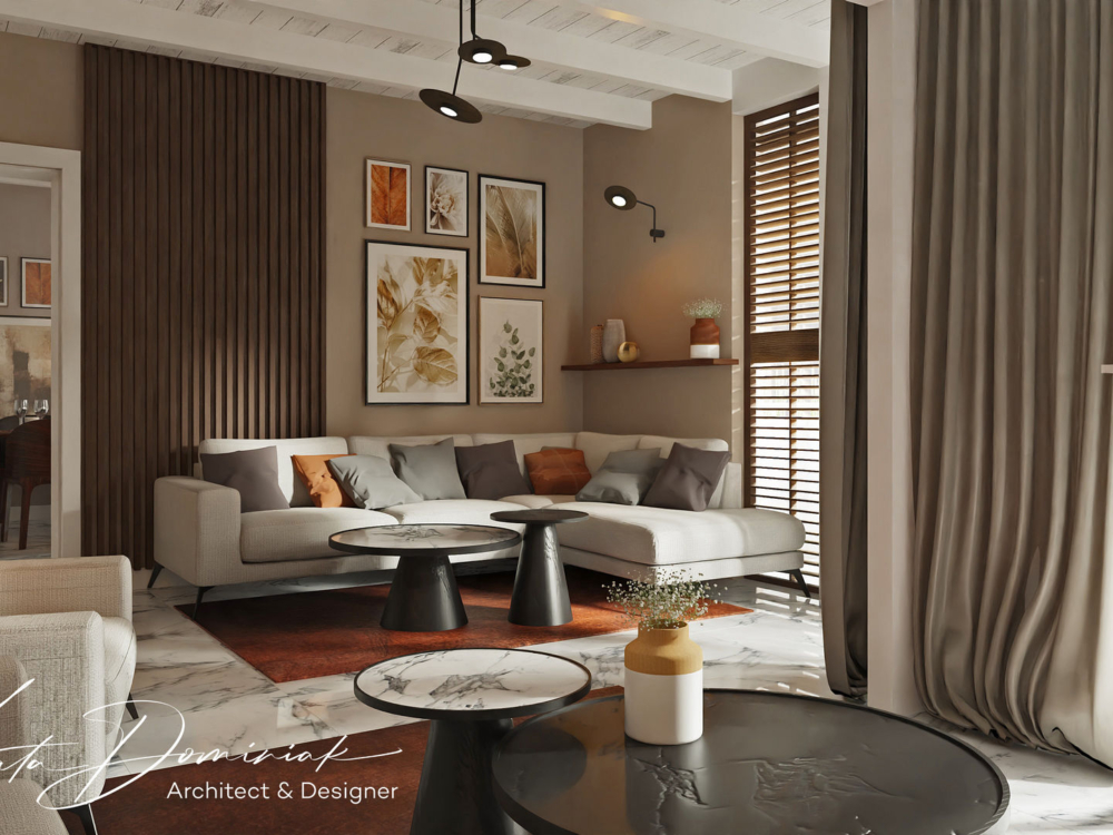 Mieszkanie wakacyjne_salon z jasną sofą i marmurową posadzką