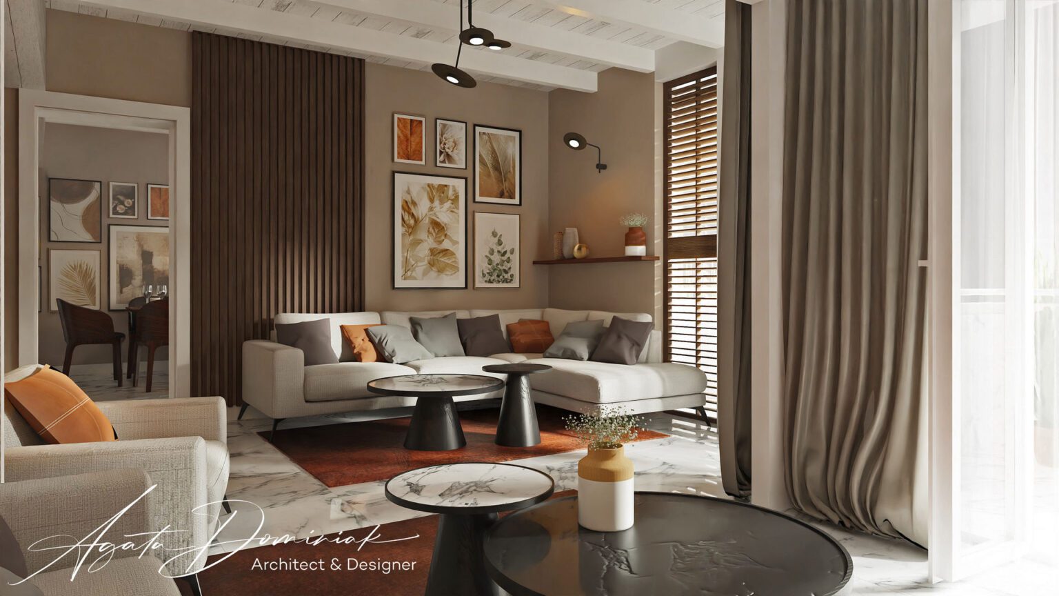 Mieszkanie wakacyjne_salon z jasną sofą i marmurową posadzką