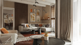 Mieszkanie wakacyjne_salon z jasną sofą i marmurową posadzką