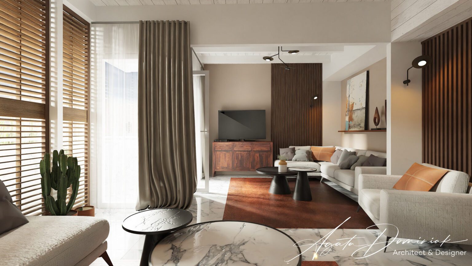 Mieszkanie wakacyjne_część wypoczynkowa z TV, marmurowe stoliki kawowe