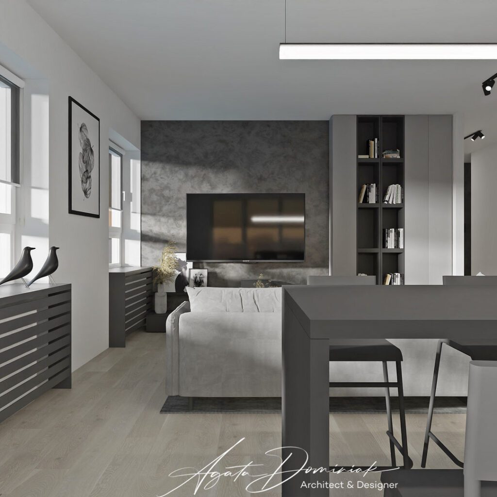 Salon z wyspą kuchenną, ściany beton