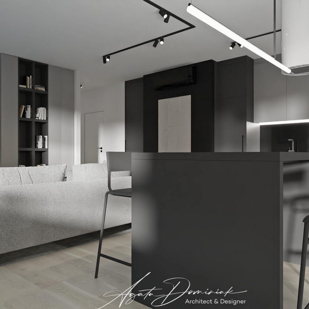 Aneks kuchenny z wyspą w salonie nowoczesnym