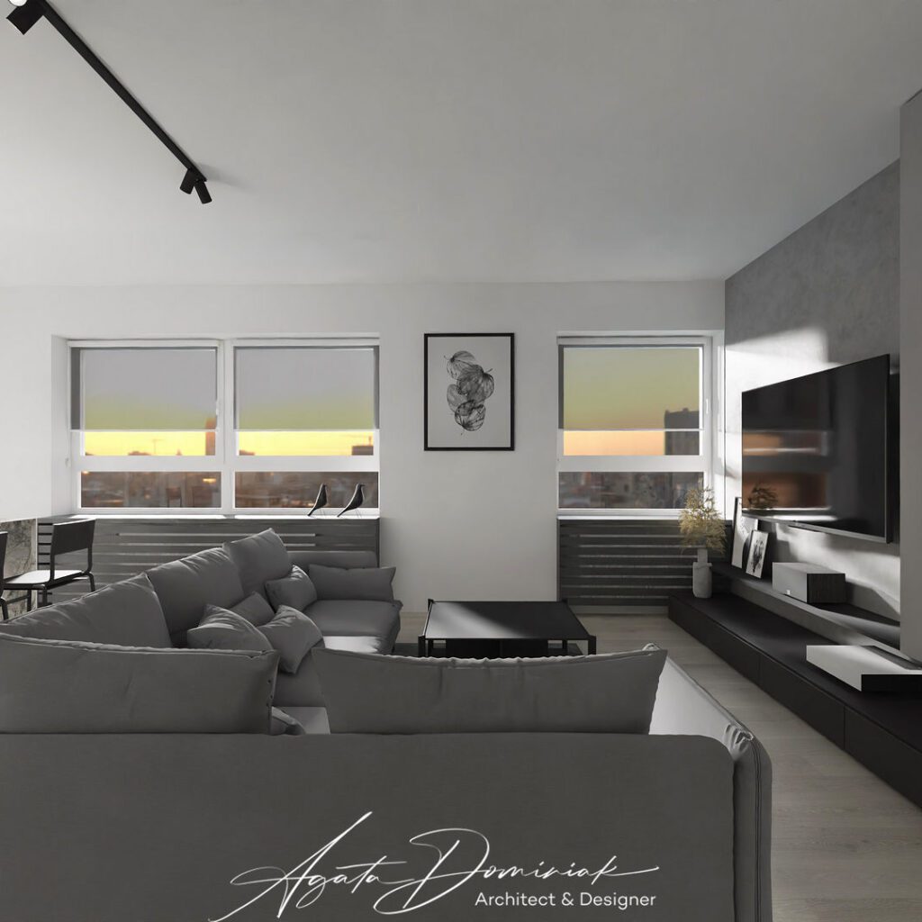 Salon z nowoczesną zabudową meblową TV