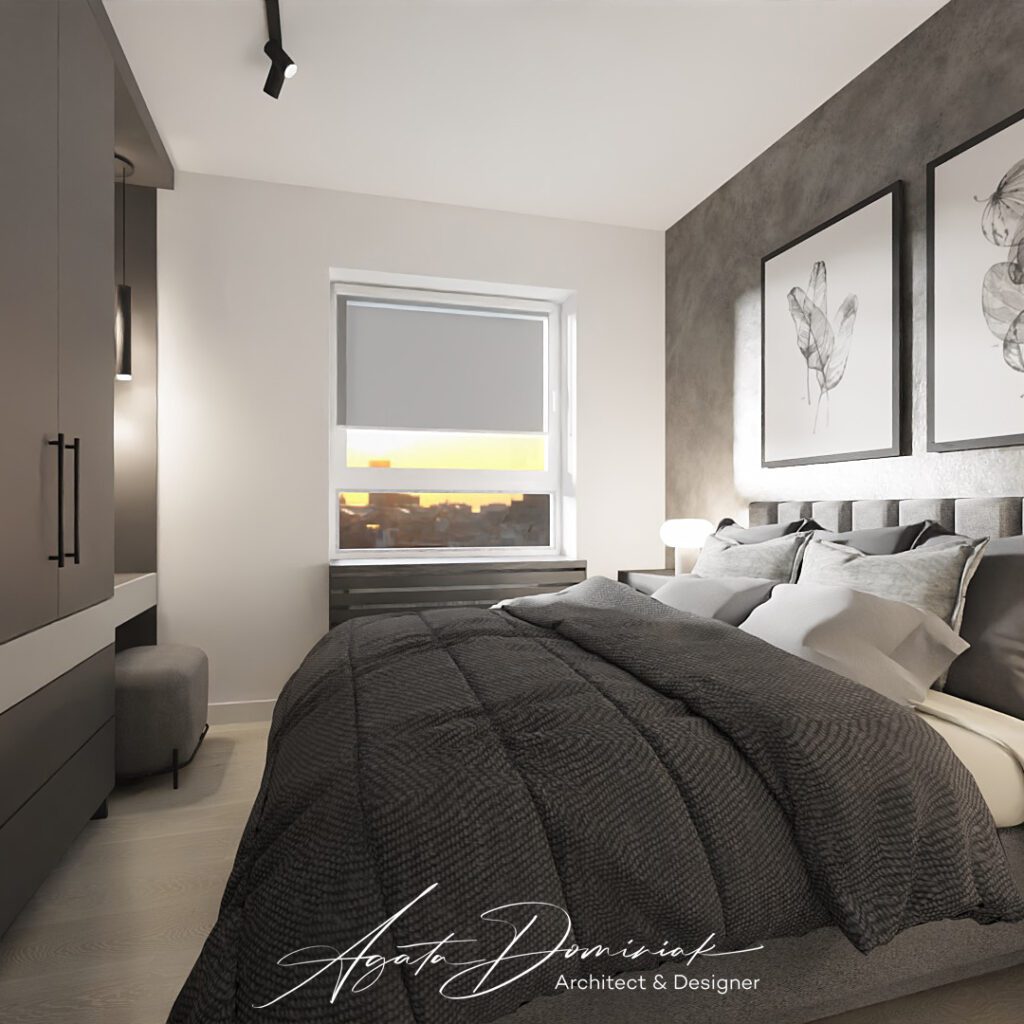 Sypialnia w szarościach, beton na ścianach