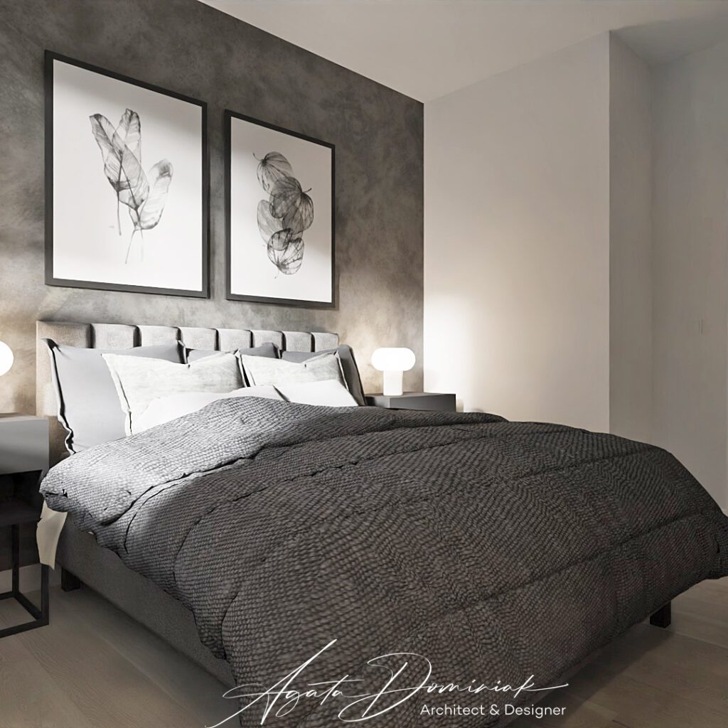 Szara sypialnia z betonową ścianą i obrazkami czarno białymi