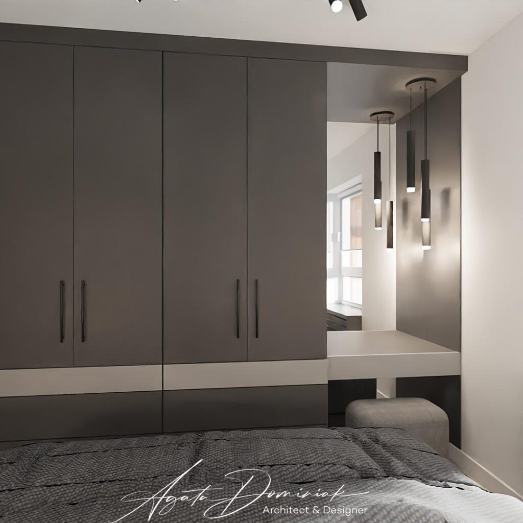 Szafy w sypialni z szufladami i wydzieloną toaletką nowoczesną