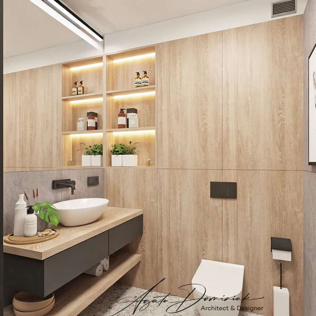 Zabudowa meblowa na wymiar, ukryty piec gazowy, wykorzystana przestrzeń, umywalka nablatowa