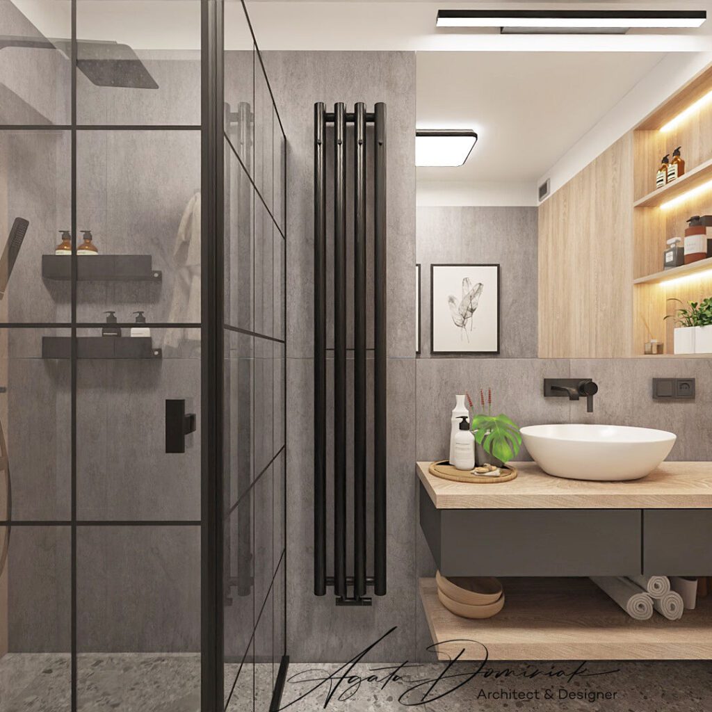 Łazienka w surowym stylu loftowym, kabina prysznicowa, armatura czarna, umywalka nablatowa