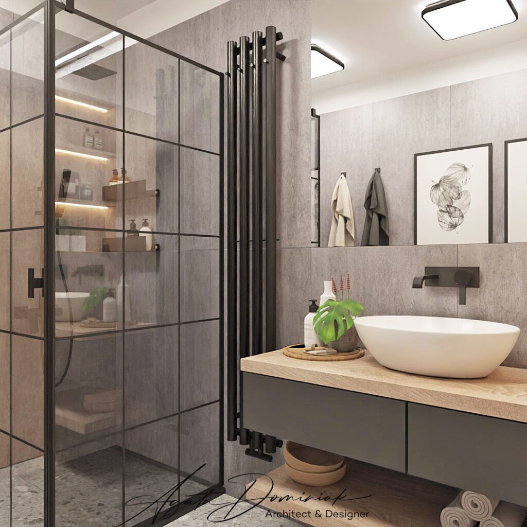 łazienka z płytkami imitującymi beton, kabina prysznicowa loftowa, odpływ liniowy, umywalka nablatowa