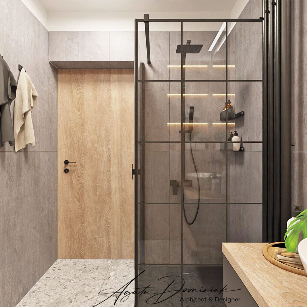 Łazienka w męskim, surowym stylu, beton, prysznic loftowy