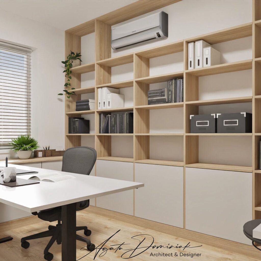 Regały w pokoju do pracy w domu, biurko z regulacją wysokości