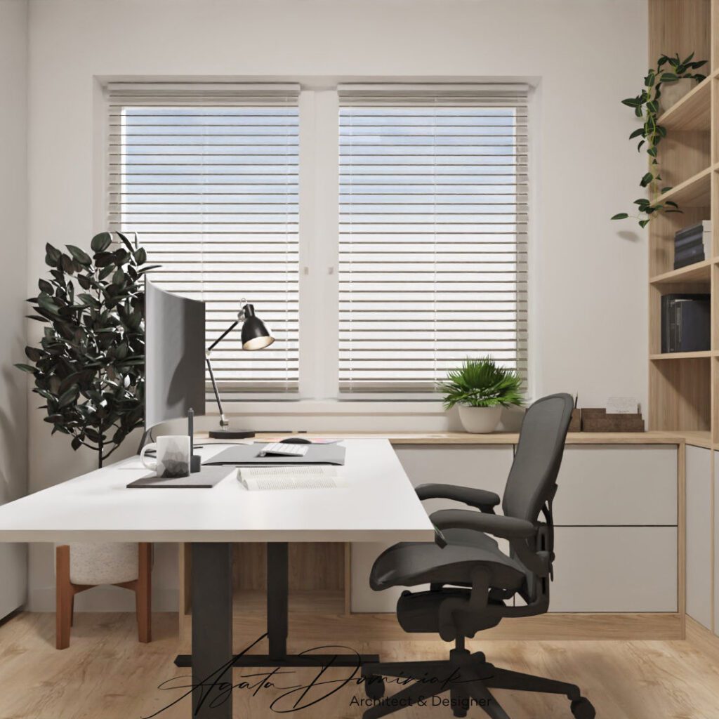 Pokój do pracy w domu, biurko z regulacją wysokości, wygodny fotel do pracy, regały na książki, styl japandi