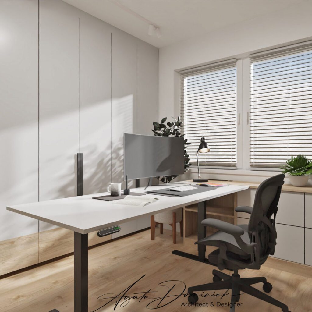 Pokój do pracy w domu, biurko z regulacją wysokości, szafka boczna, duże pojemne szafy