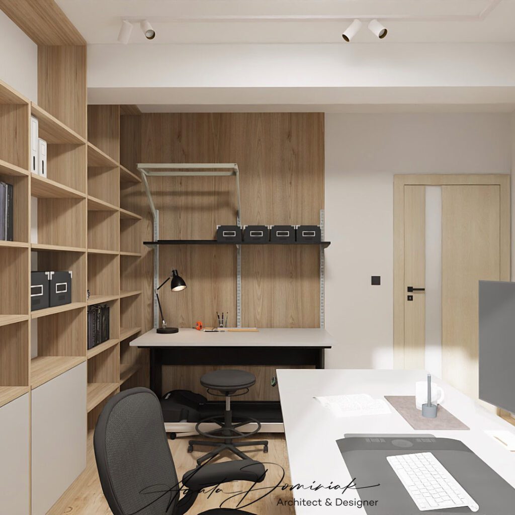 Pokój do pracy w domu, biurko z regulacją wysokości, stół wartsztatowy, regały na książki