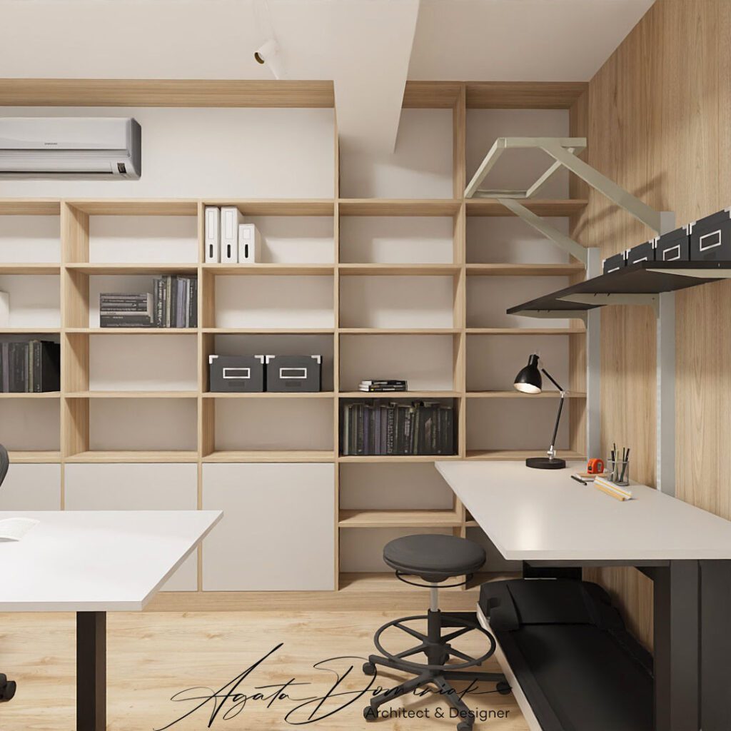 Pokój do pracy w domu, biurko z regulacją wysokości, stół warsztatowy