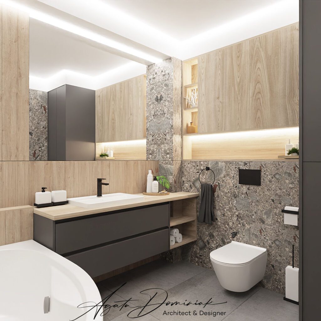 Wygodna łazienka z wannną i dużą szafką umywalkową, duże lustro