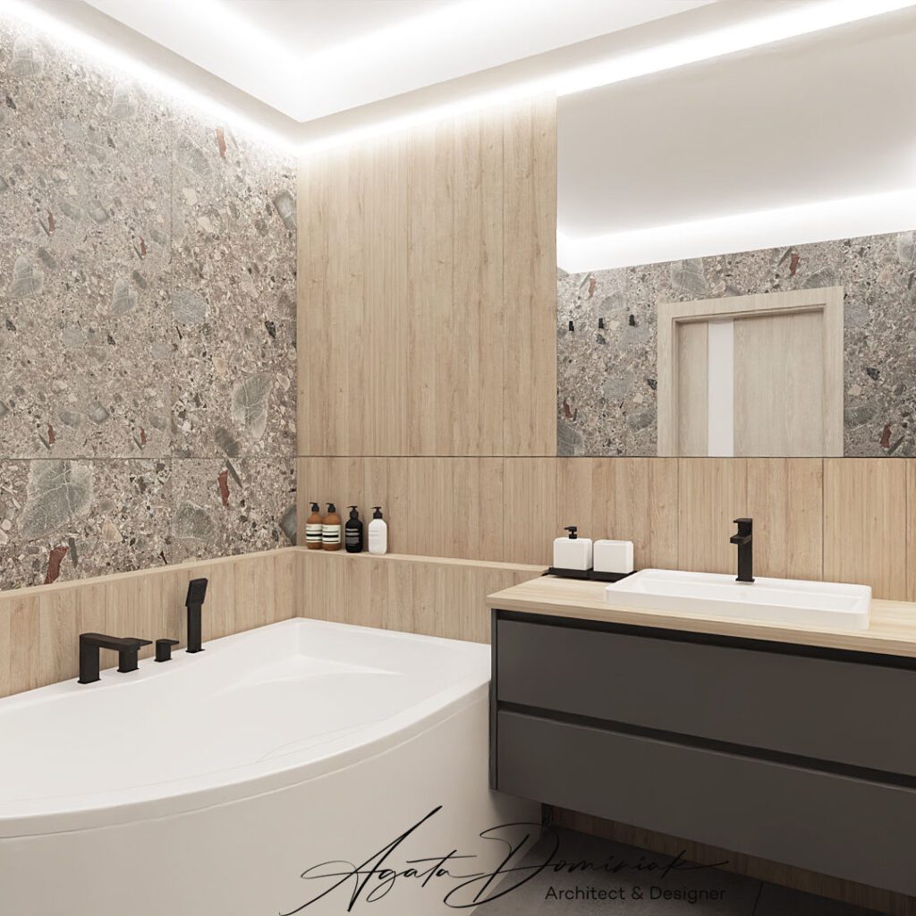 Łazienka z wanną, płytki drewnopodobne i terrazzo, duża szafka umywalkowa