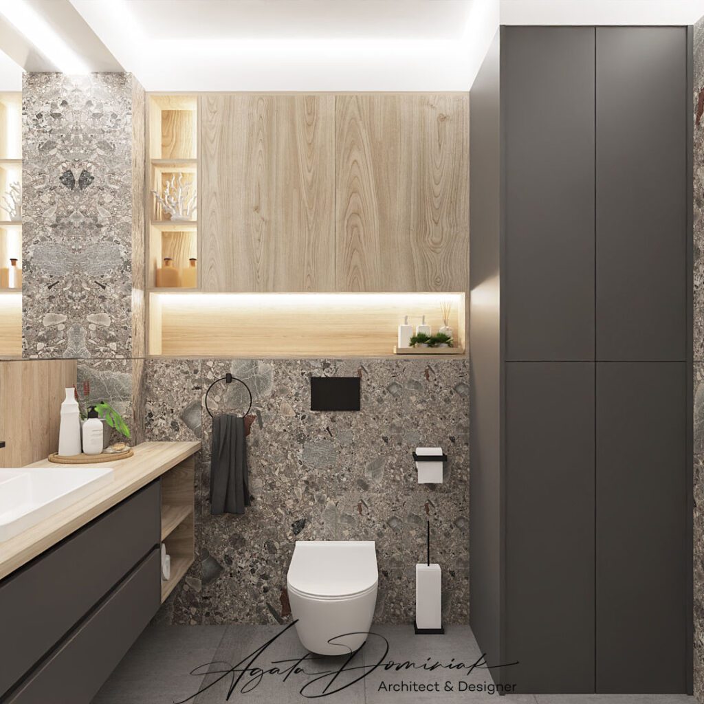 Płytki terrazzo w łazience, pralka schowana w zabudowie, umywalka wpuszczana