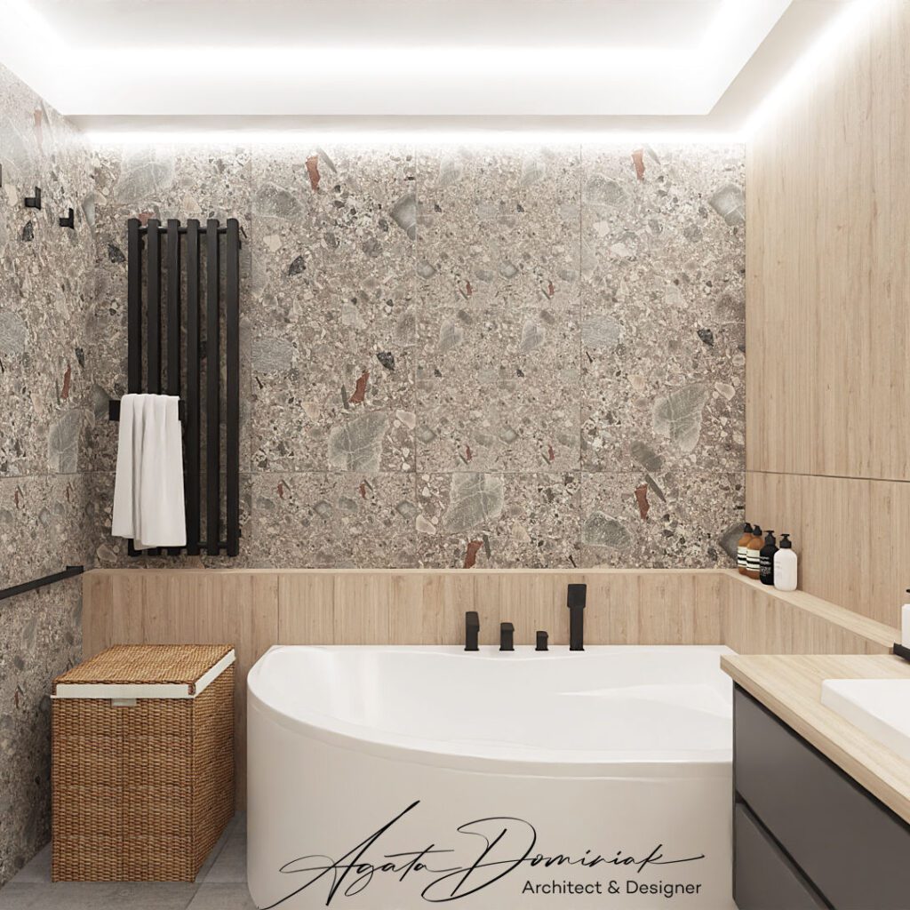 Łazienka z wanną, płytki terrazzo grafit z brązem, płytki drewnopodobne