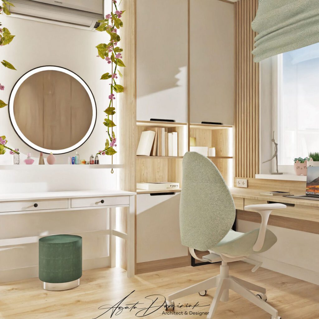 Pokój nastolatki, zieleń butelkowa, duże biurko z regałami