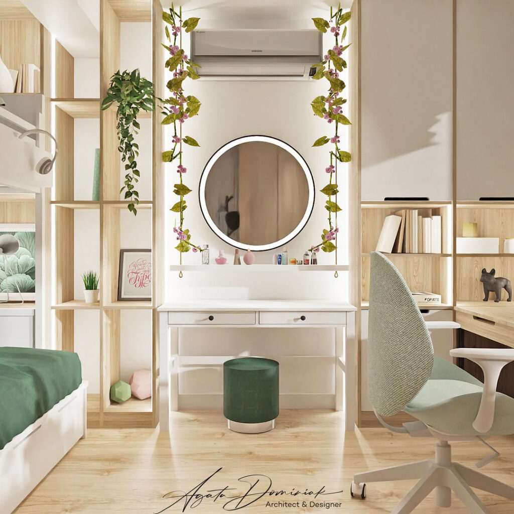 Dekoracyjne lustro w pokoju nastolatki, styl japandi, łóżko piętrowe