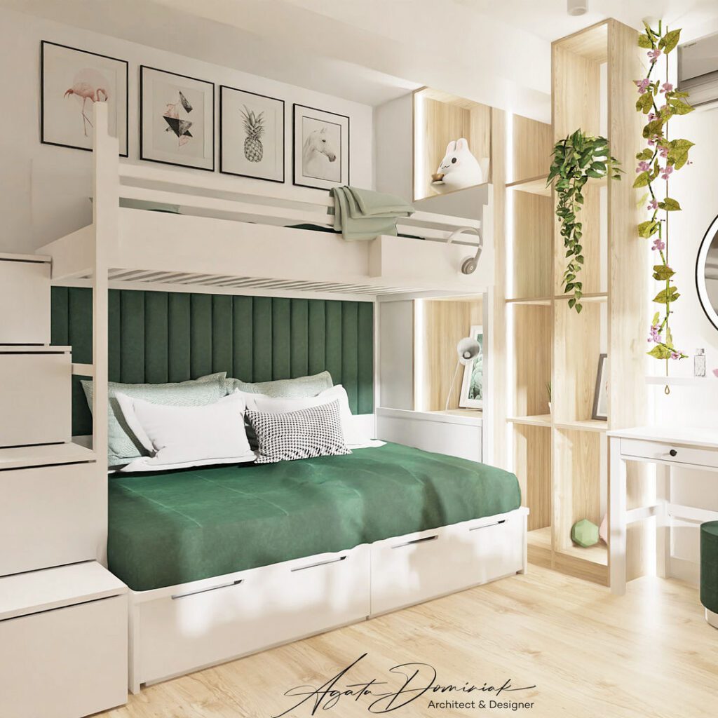 Pokój nastolatki, łóżko piętrowe, zabudowa meblowa na wymiar, zieleń butelkowa