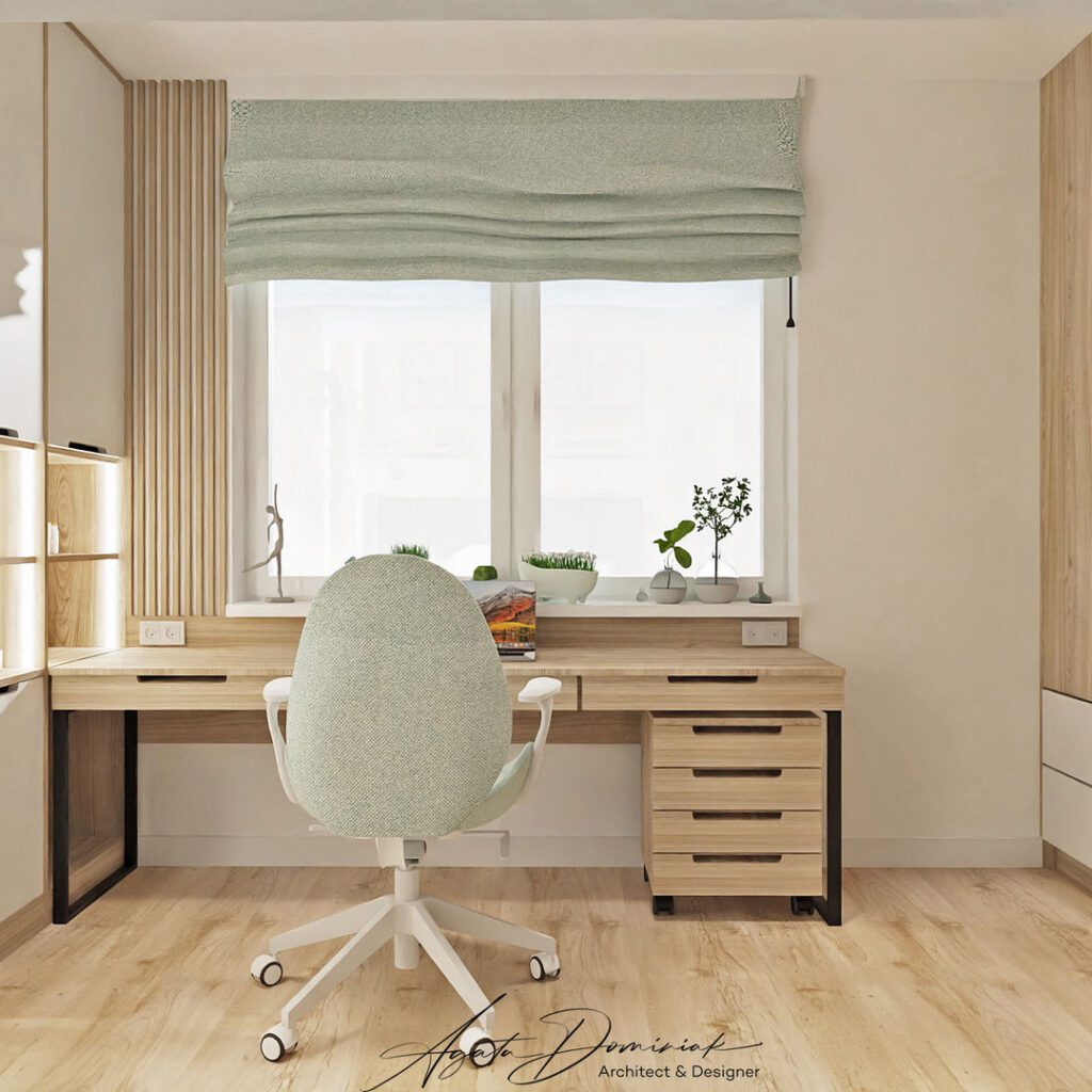 Pokój nastolatki, bardzo duże biurko i zabudowa meblowa na wymiar