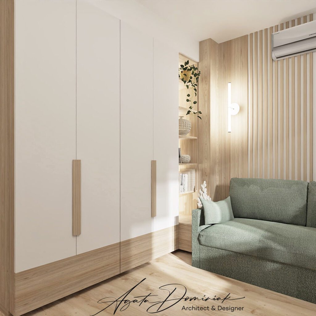 Sofa w kolorze szałwii w pokoju gościnnym, styl japandi