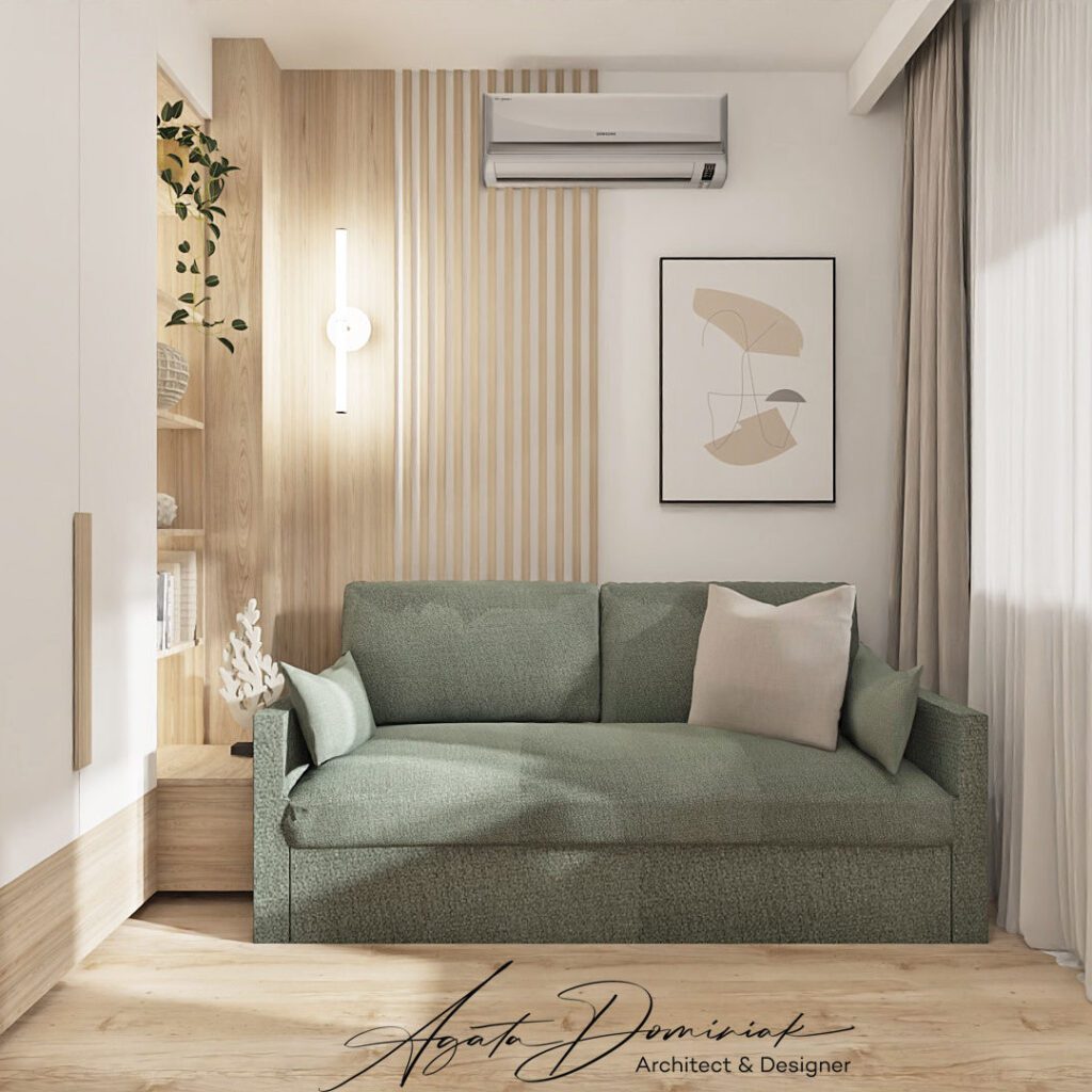 Sofa w kolorze szałwii w pokoju gościnnym, styl japandi