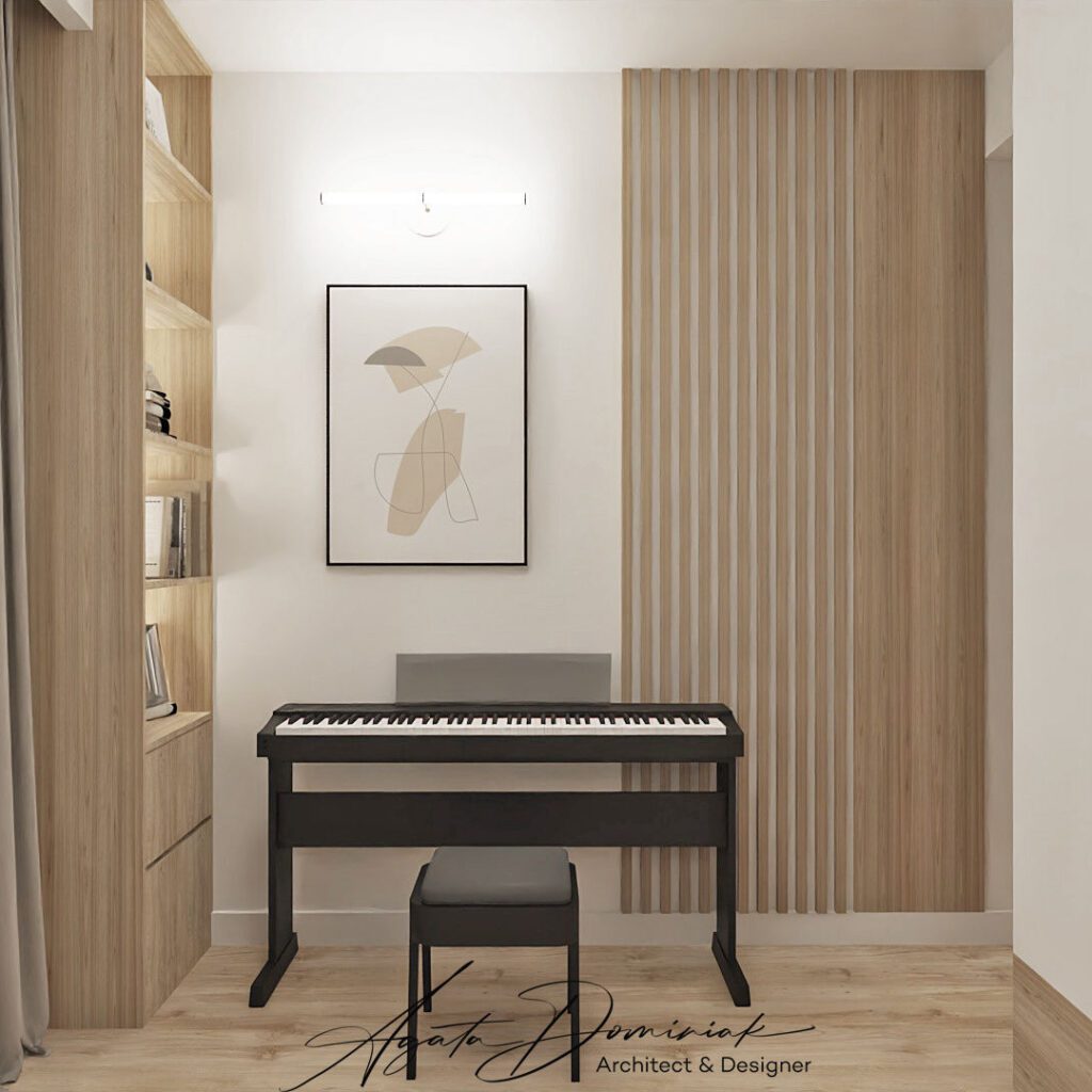 Pianino w pokoju gościnnym, jasne drewno