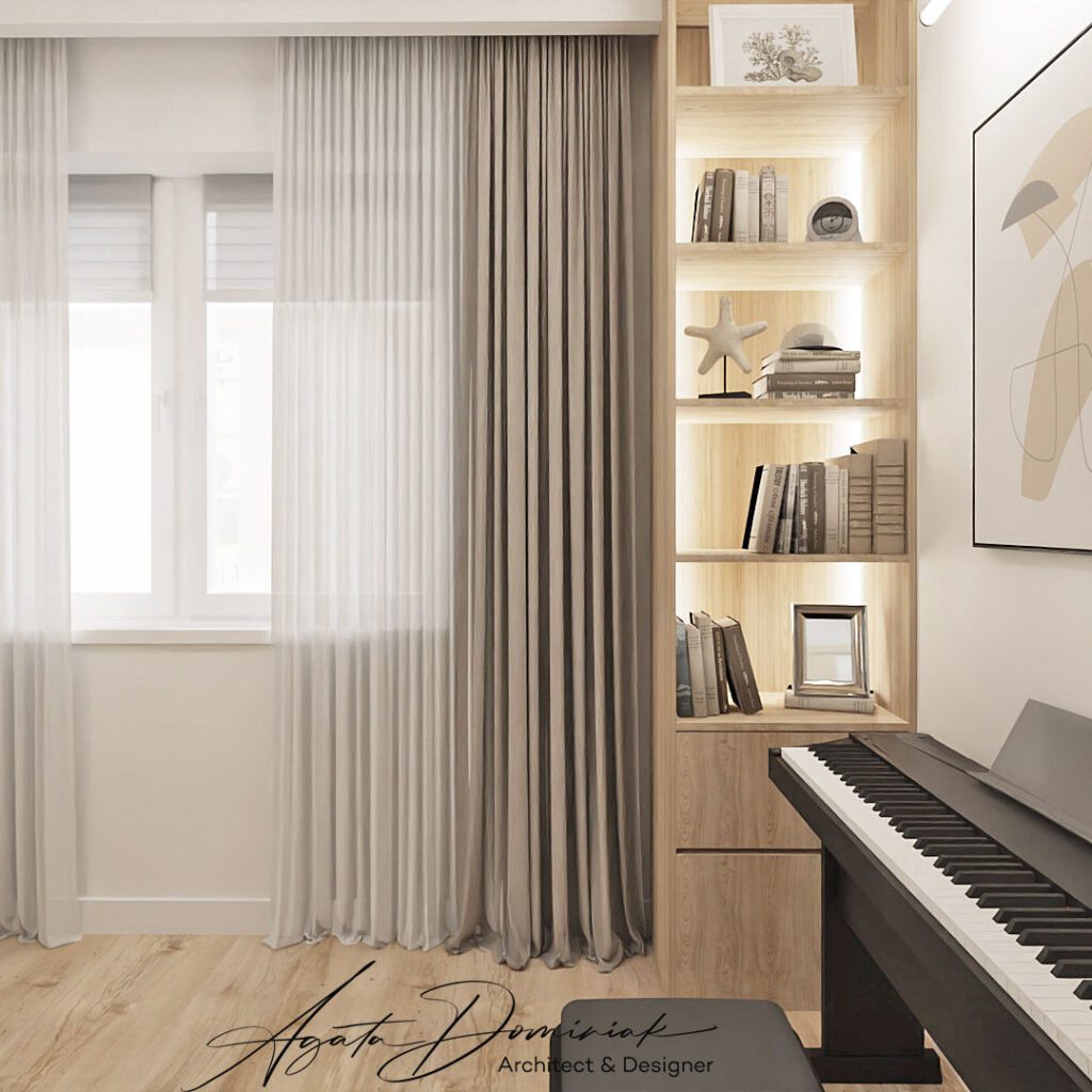 Pianino w pokoju gościnnym, jasne drewno