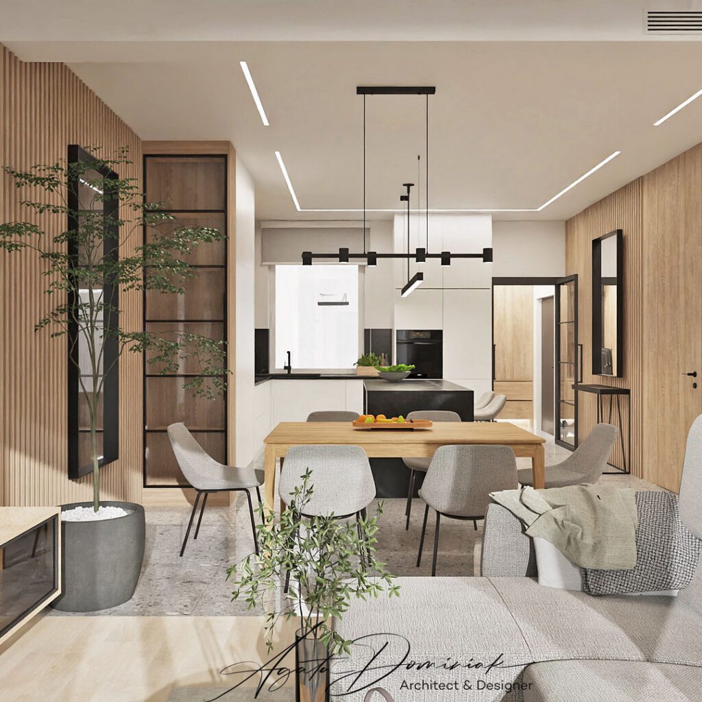 Otwarta część dzienna parteru domu jednorodzinnego, ciepłe drewno