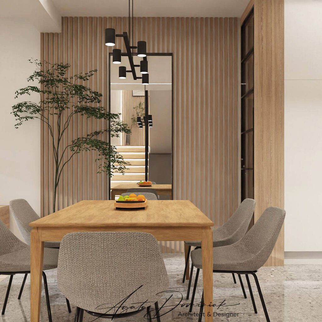 jadalnia w domu jednorodzinnym stół drewniany