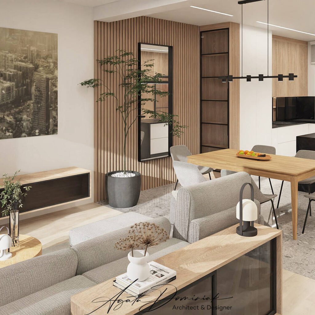 salon w domu jednorodzinnym z otwartą przestrzenią dzienną, jadalnią i kuchnią