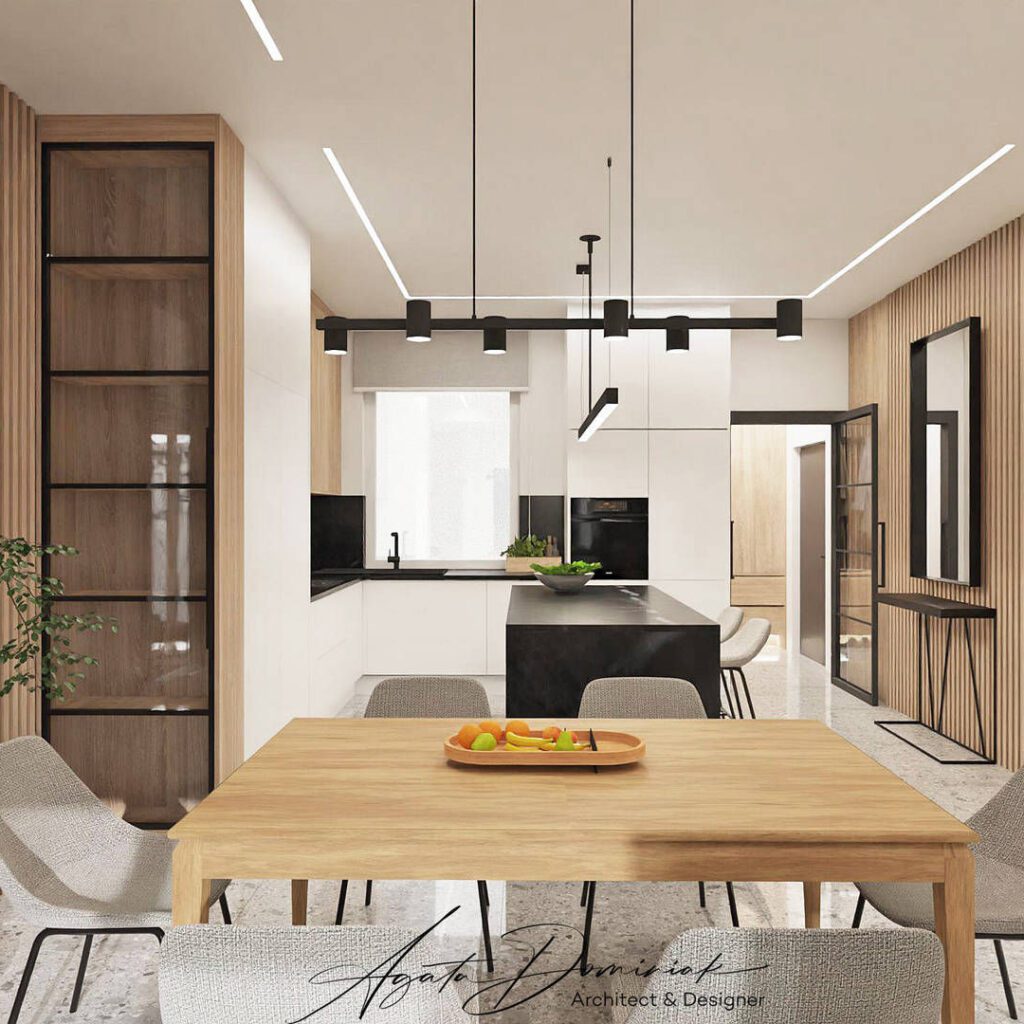 Kuchnia z jadalnią, szklane witryny, stół drewniany