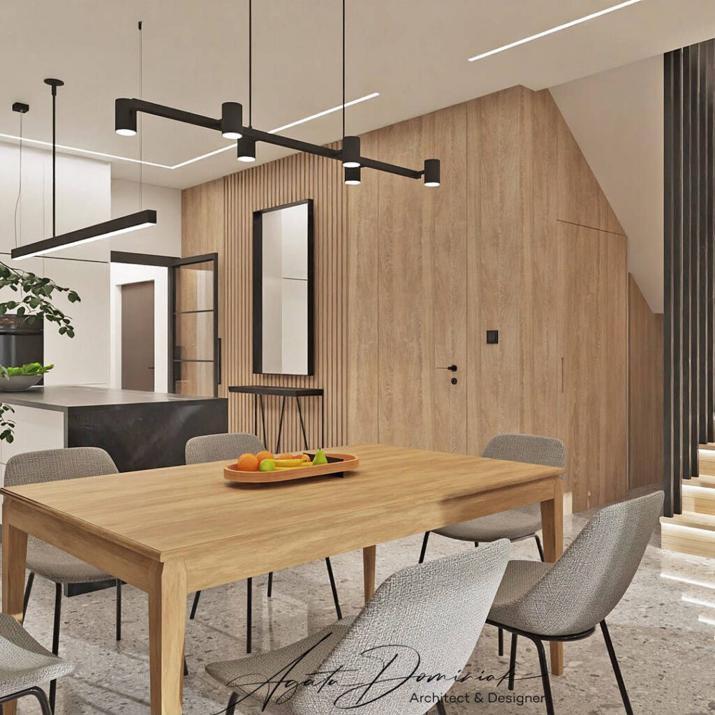 Salon z jadanią, drewniane okładziny ścienne, drzwi ukryte