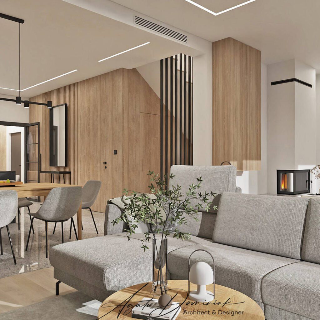 Przytulny salon z kominkiem i wygodną sofą