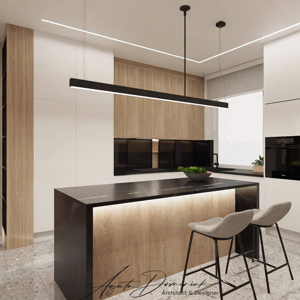 Kuchnia z wyspą, czarny granit, hokery Noti