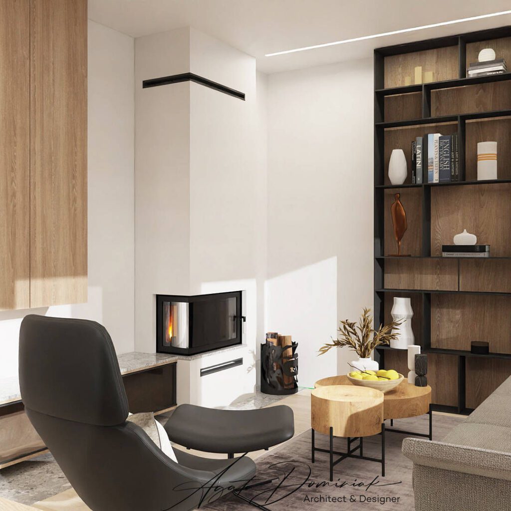 Przytulny salon z kominkiem, fotel Noti