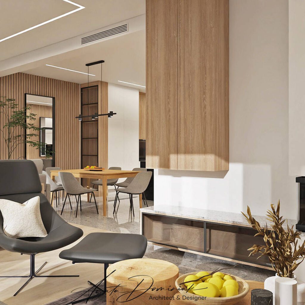 Przytulny salon z kominkiem, fotel Noti