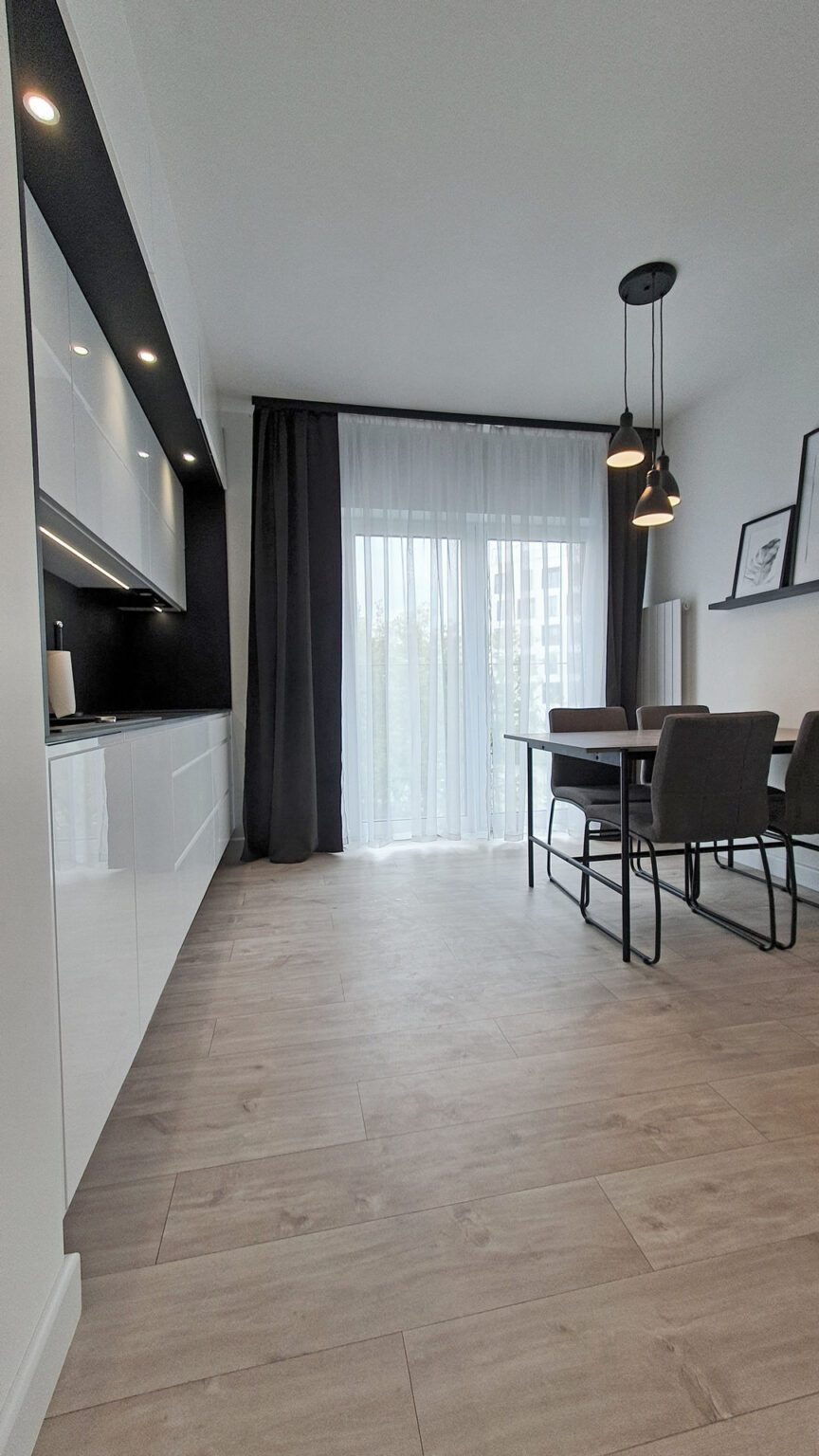 Mieszkanie monochrome_kuchnia z jadalnią wid 1