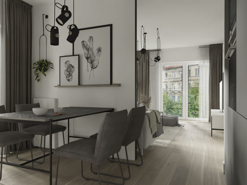Mieszkanie monochrome_kuchnia z jadalnią wid 3