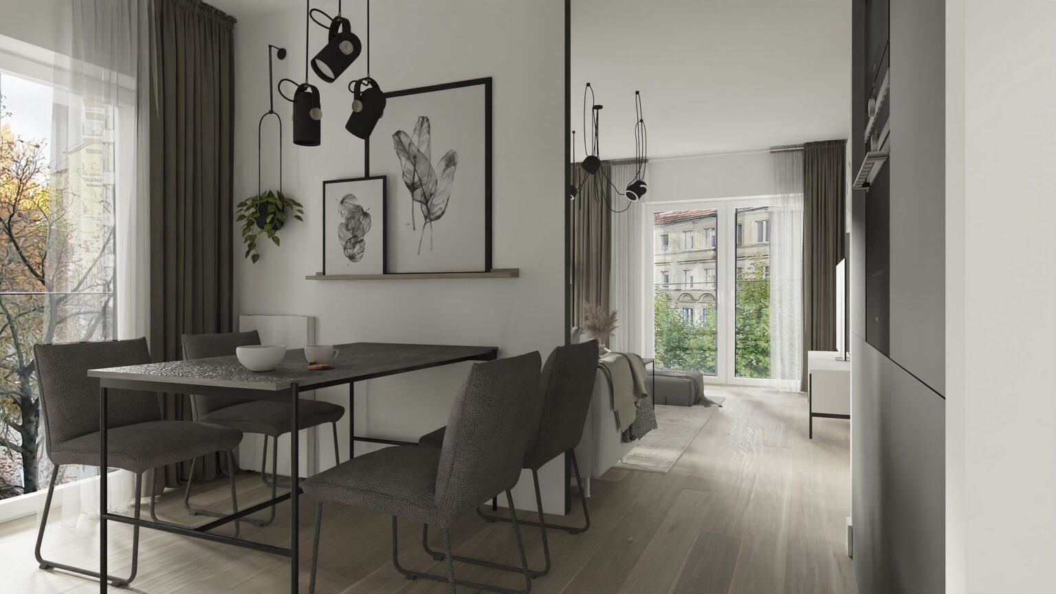 Mieszkanie monochrome_kuchnia z jadalnią wid 3