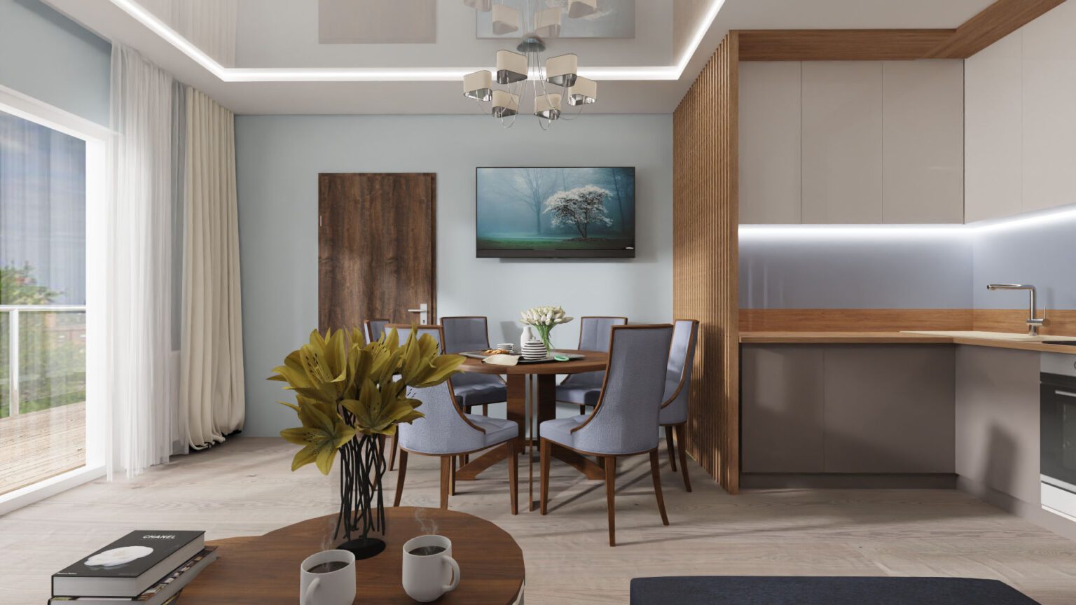 Mieszkanie nad morzem_salon z jadalnią i aneksem kuchennym