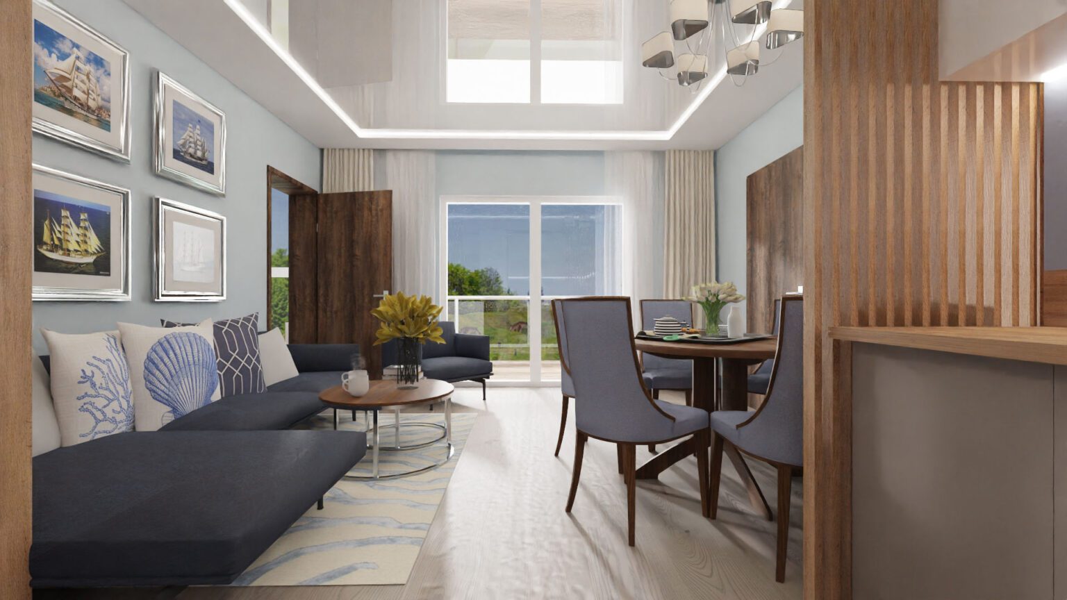 Mieszkanie nad morzem_salon z jadalnią wid 2